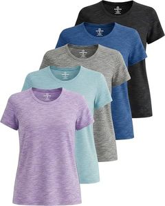 Real Essentials Womens Plus Size Just My Quick Dry Fit Dri Fit Active Wear Yoga Workout Athletic Tops Running Gym Exercise Ladies Short Sleeve Crew Scoop Neck Tees T-Shirt, Set 1, 2X, Pack of 5