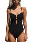 CUPSHE Women's One Piece Swimsuit Scoop Neck Adjustable Straps Cutout Back Self Tie Bathing Suit, Black, Large