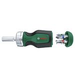 Bosch Home and Garden Stubby Ratchet Screwdriver with 6 Bits (Compact High-Torque Ratchet Screwdriver for Powerful Fastening; 6 Bits Included; Ergonomic; Magnetic Bit Holder)