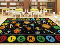 Capslpad Black Outer Space Classroom Rug Elementary 6.6'x9.8' System Planets Kids Play Rug Non Slip ABC Alphabet Nursery Rug Educational Learning Area Rug for Kids Room Classroom Living Room Toddler