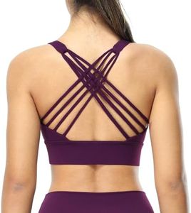 icyzone Sports Bras for Women - Activewear Strappy Padded Workout Yoga Tops Bra (Magenta Purple, XL)