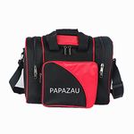 PAPAZAU Bowling Bag for Single Ball - Single Ball Tote Bag with Padded Ball Holder - Fits a Single Pair of Bowling Shoes Up to Mens Size 15 (Black/Red)