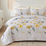 3 Pieces White and Yellow Floral Quilt Set King White Floral Coverlet Sets Lightweight Flower Bedspread Microfiber Summer Quilt with 2 Pillowcases for All Season (King,90×104 Inches)