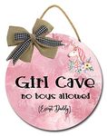 Isaric Girl Cave Sign, Girls Room Decorations for Bedroom, Wood Decoration Hanging Sign, High Precision Printing,, Kids Room Signs for Door, No Boys Allowed Sign, Room Decor 11Inï¼Ë†With bowï¼â€°