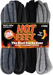 HOT FEET Cozy, Heated Thermal Socks for Men, Warm, Patterned 4 Pack Hiking Crew Socks, USA Men’s Shoe Sizes 6 – 12.5 - (Denim / Navy / Black / Gray)