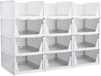 PureSell Set of 12 Multipurpose Foldable Stackable Wardrobe | Closet Storage Organizer for Clothes | Adjustable Plastic Cupboard Sliding Tray Basket | Almirah Space Organiser Drawer for Home | White