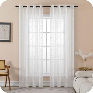 GIRASOLE HOME® Coppia Tende Filtranti in Simil Lino Fantasia Rampicanti Tenda per Interni 2 Pannelli con Occhielli (Bianco, 140x280cm)