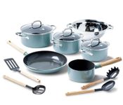 GreenPan Mayflower Healthy Ceramic Non-Stick 13-Piece Cookware Pots and Pans Set, Including Frying Pans, Saucepan, Stockpots, Lids, Strainer, Vintage Wood Handle, PFAS-Free, Induction, Smoky Blue