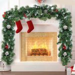 2.7M/9FT Christmas Garland for Fireplace, Christmas Garland with Lights, Pre-lit Christmas Garland Wreath with Snow, Pinecones and Berries for Fireplace Stair Door Xmas Tree Garden Yard Holiday Decor