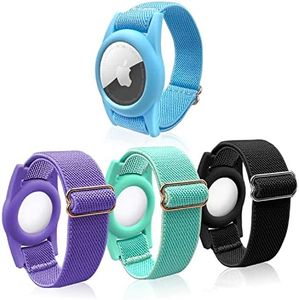 4 Pack AirTag Bracelet for Kids, Airtag Holder with Adjustable Stretchy Nylon Wristband, Anti-Lost Apple Airtags Watch for Child, Toddler, 4 Colors AirTag Kid Watch Band