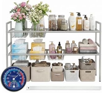 Eclat JC Home Premium Stainless Steel Under-Sink Organizer with Motion Sensor LED Light & Hygrometer - Expandable 2-Tier Cabinet Storage Rack for Kitchen Bathroom Organization (5 Plate, 5 Basket)