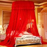 SanQing Mosquito net Luxury Princess bed, Round Hoop Princess Girl Pastoral Lace Bed Canopy Mosquito Net Fit Crib Twin Full Queen Extra large Bed 59in large diameter,Red,1.2mdiameter