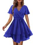 Amoretu Women's 2024 Summer Wrap Dress Short Sleeve Casual V Neck Ruffle Mini Dresses, Blue, L