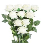 JUSTOYOU Rose Artificial Silk White Rose Flowers Single Long Stem Fake Rose Bouquet Home Office Wedding Arrangements (10 PCS)