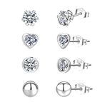 Sterling Silver Stud Earrings 4 Pairs Silver Hypoallergenic Heart Silver Stud Earrings for Women Tiny Cartilage Small Stud Earrings Set With Cubic Zirconia For Girls Women Men 4mm PABBEU