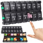 Shintop Weekly Pill Box 2 Times a Day, Easy Fill Medicine Pill Organizer Push Button Daily Pill Case 7 Day Vitamin Organizer for Fish Oil Supplements (Black)