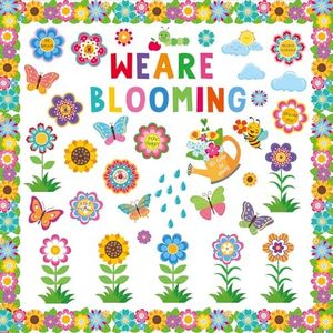 Spring Classroom Bulletin Board Decoration Colorful Paper Cut Outs Set with Flower Butterfly We are Blooming Springtime Stickers for Home Door Party Wall Decor
