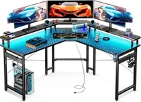 ODK L Shaped Gaming Desk with LED Lights & Power Outlets, 51" Computer Desk with Full Monitor Stand, Corner Desk with Cup Holder, Gaming Table with Hooks, Black Carbon Fiber