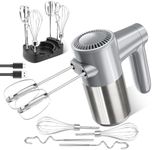 BinROC Cordless Hand Mixer, Electric Mixer Handheld Digital Display 7 Speed Rechargeable with 6 Stainless Steel Attachments Whisks Beaters Dough Hooks & Storage Base, Blender for Baking, Eggs, Silver