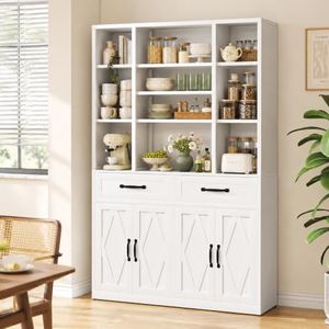 EKJ 71" Pantry Cabinet with Adjustable Shelf and Drawers, Tall Kitchen Pantry Storage Cabinet with Microwave Stand, Metal Hutch Cabinet with Doors for Dining Room, Living Room, White