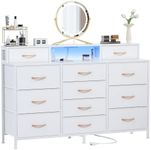 Furnulem White Dresser with LED Lights & Charging Station,55" Large Bedroom Dresser & Chest of Drawers with 12 Storage Bins,Long TV Stand Furniture for Closet,Nursery,2-Tier Shelf Wood Top,Metal Frame