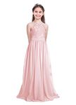 CHICTRY Kids Girls Halter Neck Chiffon Lace Long Party Junior Wedding Evening Dance Prom Maxi Gown Dress Pearl Pink 13-14 Years