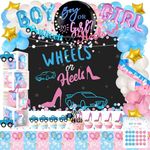 Hombae Wheels or Heels Gender Reveal Decorations, 169 PCs Boy or Girl Gender Reveal Decorations Backdrop Balloon Garland Banner Tablecloth Cake Cupcake Topper Box Cutout Poster Sash Pink Blue