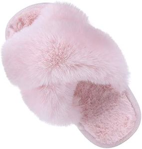 Comwarm Girl's Fuzzy Cross Band Open Toe Non Slip House Slippers