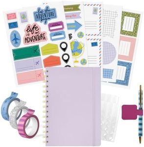 PAPERAGE Travel Journal Kit, Travel Notebook & Scrapbook Set, Hardcover Blank Spiral Notebook, 5 Sticker Sheets, 2 Photo Corners, 3 Washi Tapes & Black-Ink Gel Pen with Pen Holder - Lavender