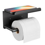 Adhesive Toilet Paper Holder with Phone Shelf, Wall Mounted Toilet Paper Roll Holder, Rustproof Bathroom Tissue Roll Holder with Shelf, Sticky Toilet Paper Roll Holder- Matte Black