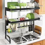 MAJALiS Expandable Over Sink Dish Drying Rack, 3 Tier Full Stainless Steel Large Dish Drainer for Kitchen, Height Adjustable Above Sink Shelf, Sink Storage Organizer with 10 Hooks(Black, 25.5"-35.5")