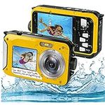 Waterproof Digital Camera, Full HD 2.7K 48MP 10ft Waterproof Underwater Digital Camera, Video Recorder Selfie Dual Screens 16X Digital Zoom Waterproof Camera for Snorkeling (Yellow)