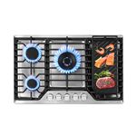 AMZCHEF 30 inch Gas Cooktop with 5 Made in Italy SABAF Power Burners,Max 48300 BTU/hr Built-in Gas Stove top of 304 Stainless steel with Double Sided griddle,NG/LPG Convertible,ETL.