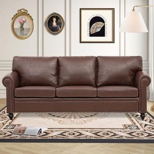INOTEVERITORY Brown Leather Couch，Comfy Classic 3 Seater Living Room Sofa，Mid-Century Modern Sofa with Detachable Cushions 84" for Living Rooms, Bedrooms, Offices,Apartments Tool-Free Assembly