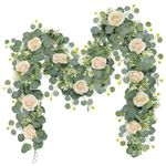 TOCHGREEN 2Pcs(13 Ft) Artificial Eucalyptus Flower Garland with Champagne Rose Flowers,Faux Rose Vine Gypsophila Garland,Floral Garland Greenery Garland for Home Wedding Table Decor (Champagne, 2PCS)