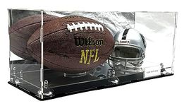 Mini Football Helmet & Ball Display Case Stand Box Sports Memorabilia Collectibles (with Mirror Platform)