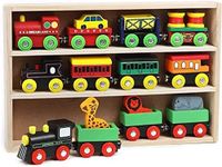 On Track USA Magnetic Wooden Engine Train Cars 12 Piece Train Tracks Accessories Set - Includes Engine Cars, Road Car, and Zoo Train for Toddler Kids, Boys and Girls Compatible with All Major Brands