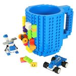 Build-on Brick Coffee Mug, Funny DIY Novelty Cup with Building Blocks Creative Gift for Kids Men Women Xmas Birthday (Blue)