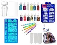 D.B.Z. ® Nail Art Kit 12 Glass Bottles Glitters (Assorted) 1 Clear Jelly Stamper with Scraper 1 Pc Stamp Plates 5 Dotting Pens 100 Fake Nails 5 Nail Tapes 1 Nail Tipping Guide with 2 Glue