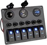 Marine Switch Panel 6 Gang ON Off Rocker Switch Panel 12V Voltmeter Dual USB Charger Cigarette Lighter Socket with Night Glow Stickers Boat Rocker Switch for Boats RVs Trucks Cars（Blue)