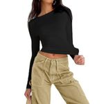 Women’s Long Sleeve T Shirts Ladies Long Crop Top Casual Solid Color Y2K Crew Neck Tight Long Sleeve Seamless Shirt Basic Blouse Tee Tops, Black1-S