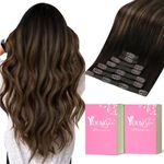 YoungSee Clip in Hair Extensions Real Human Hair Brown Balayage Clip in Human Hair Extensions Dark Brown Mix Medium Brown Highlights Brown Balayage Clip on Hair Extensions 120G 14Inch 7Pcs