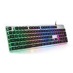 LANGTU Membrane Gaming Keyboard, Colorful LED Backlit Quiet Keyboard for Study, All-Metal Panel USB Wired 25 Keys Anti-ghosting Computer Keyboard 104 Keys - L1 Black/Silver