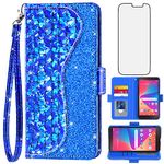 Asuwish Phone Case for Tracfone BLU View 2 B130DL Wallet Cover with Screen Protector and Wrist Strap Flip Credit Card Holder Bling Glitter Stand Cell Blue View2 BLUView Two 4G LTE Women Girls Blue