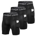 Lixada Men's Compression Shorts Performance Sports Baselayer Cool Dry Tights Active Workout Underwear Base Layer Tights with Pockets - 3 Pack (All Black, L)