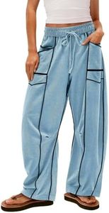 IAJDKMEK Wide Leg Sweatpants High Waisted Wide Leg Lounge Pants Drawstring Waist Contrast Baggy Patchwork with Pockets Casual Beach Vacation Trousers Light Blue Large