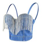 ELLACCI Women's Tassel Rhinestone Deium Bustier Crop Top Jean Corset Top Bra Blue Medium