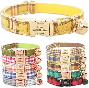 PETDURO Handmade Personalized Plaid Cat Collars with Bell & Name Engraved Metal Buckle Customized for Cute Girl and Boy Cats - Matching Bow Tie Available (L, Lemon Plaid Light Gold Buckle)