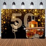 Aperturee 7X5ft Happy 50th Birthday Decorations Backdrop Cigar Wine Glass Whiskey Black and Gold Glitter Bokeh Burning Cigarette Ice Block Backdrop for Men Party Banner Supplies Photo Studio Props