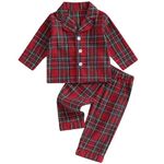 Domisola Toddler Kids Baby Christmas Pyjamas Set Girl Boy Pjs Plaid Long Sleeve Button Shirt Tops Pants 2Pcs Xmas Nightwear (01- Red Plaid, 12-18 Months)